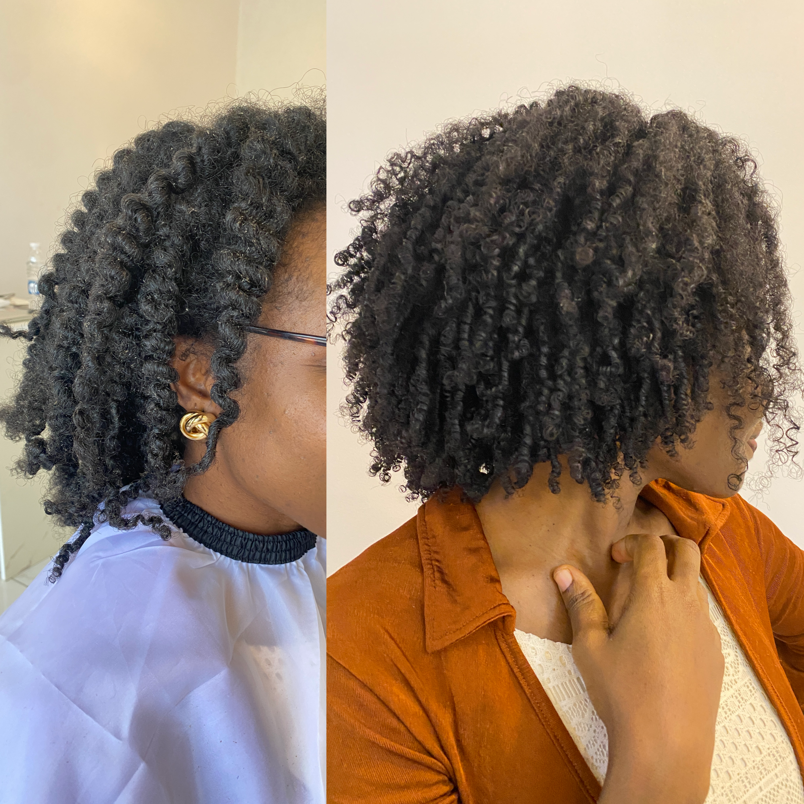 Before and after finger coils styling on Afro hair at Nappytalia Salon in Accra, Ghana.