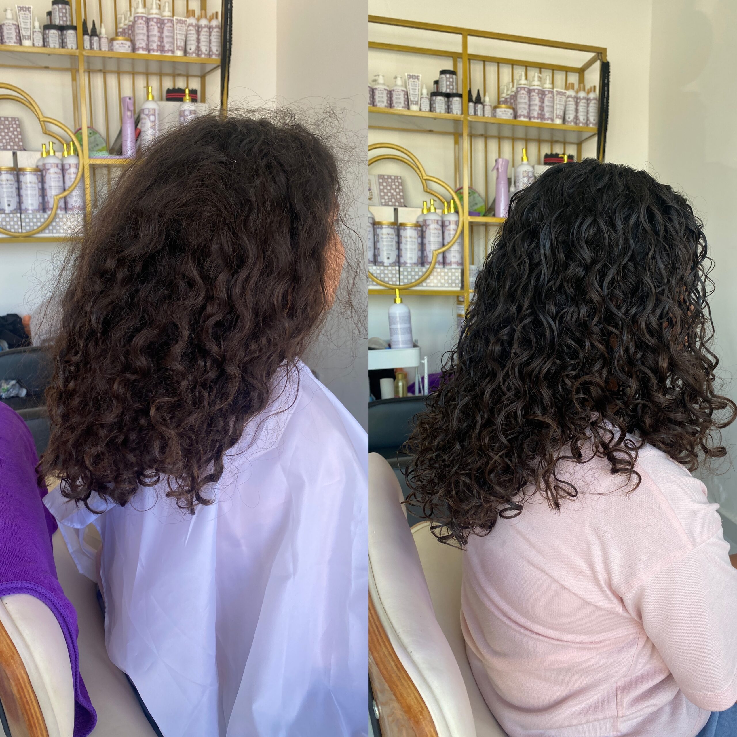 Before and after curly hair definition treatment on a child at Nappytalia Salon in Accra, Ghana.