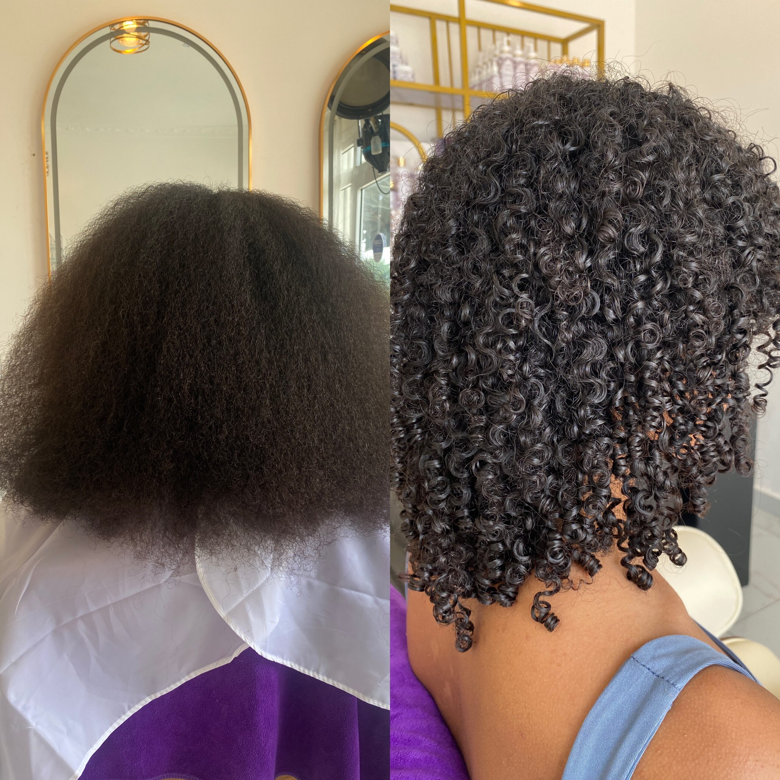 Before and after curl definition treatment on mixed-texture hair at Nappytalia Salon in Accra, Ghana.
