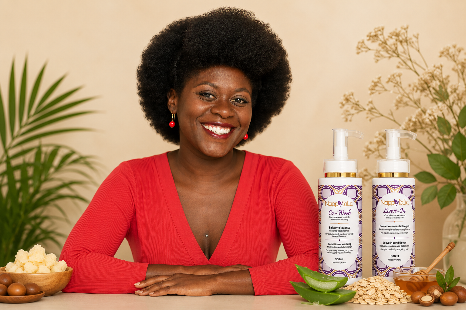 Evelyne Sarah Afaawua, fondatrice di Nappytalia Cosmetics, con prodotti naturali per capelli afro e ricci formulati tra Ghana e Italia