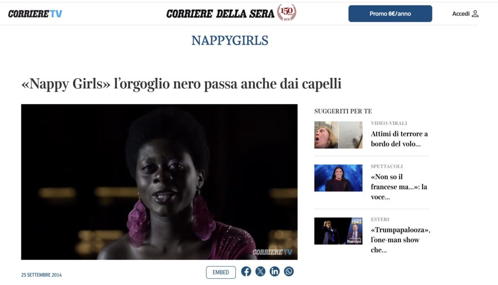 Fotogramma del cortometraggio Nappy Girls pubblicato dal Corriere della Sera nel 2014, dedicato all'identità afroitaliana e ai capelli afro naturali