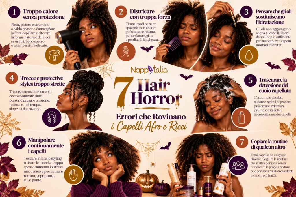 Infografica Nappytalia sui 7 errori nella cura dei capelli afro e ricci: calore eccessivo, districamento aggressivo, oli, trecce strette, detersione, manipolazione e routine sbagliate