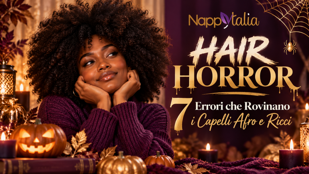 Hair Horror Nappytalia: donna con capelli afro voluminosi e rotondi in una grafica di Halloween dedicata ai 7 errori nella cura dei capelli afro e ricci